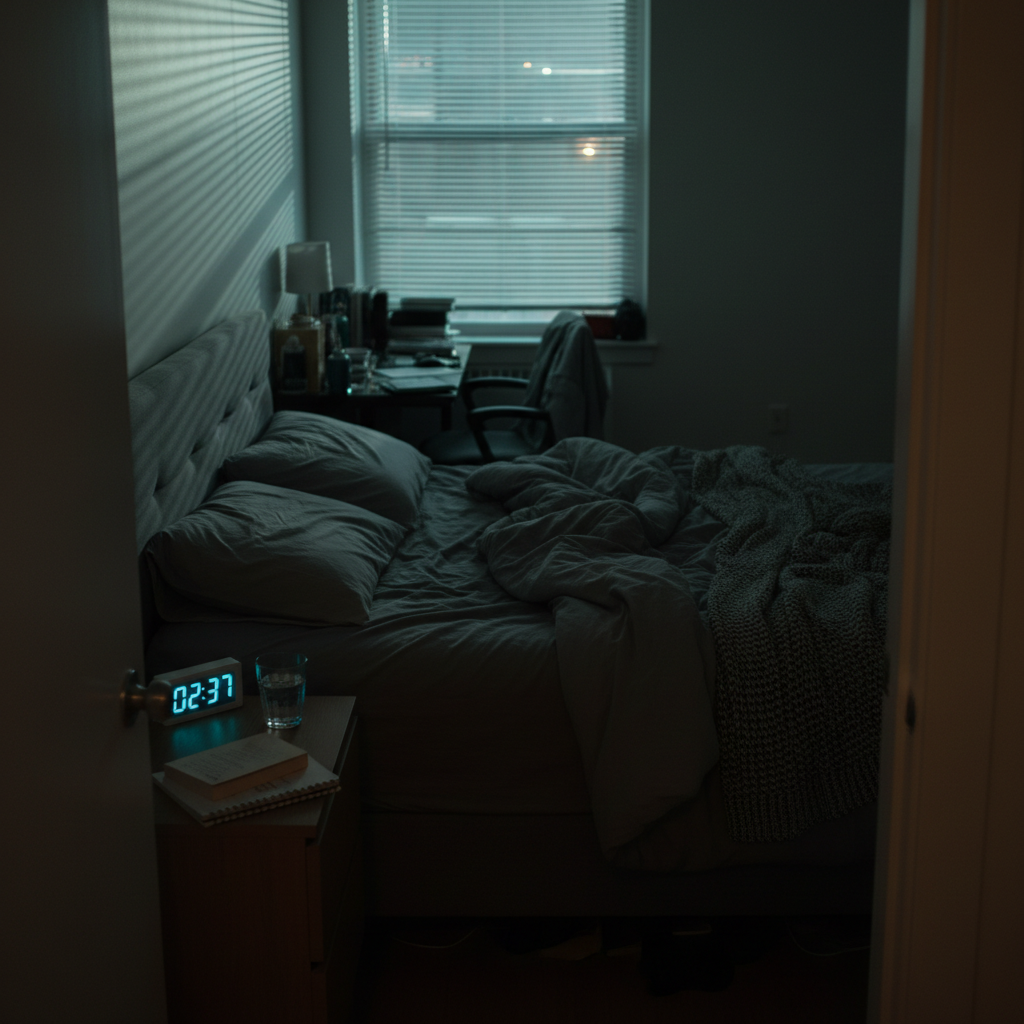 A dimly lit city apartment bedroom at 2 a.m., photographed from the doorway so the viewer looks into the space. An unmade dark gray bed with crumpled sheets and a heavy blanket dominates the frame, lit only by the cool glow of a digital alarm clock reading 02:37 and faint streetlight seeping through half-closed blinds. The blinds cast sharp, parallel shadows across the wall and bed, creating a striped pattern of light and darkness. On the nightstand, a small glass of water, a dog-eared paperback, and an old analog notebook are in sharp focus, while the rest of the room falls into soft blur. Photographic realism, moody low-key lighting, emphasizing solitude, insomnia, and quiet resilience.