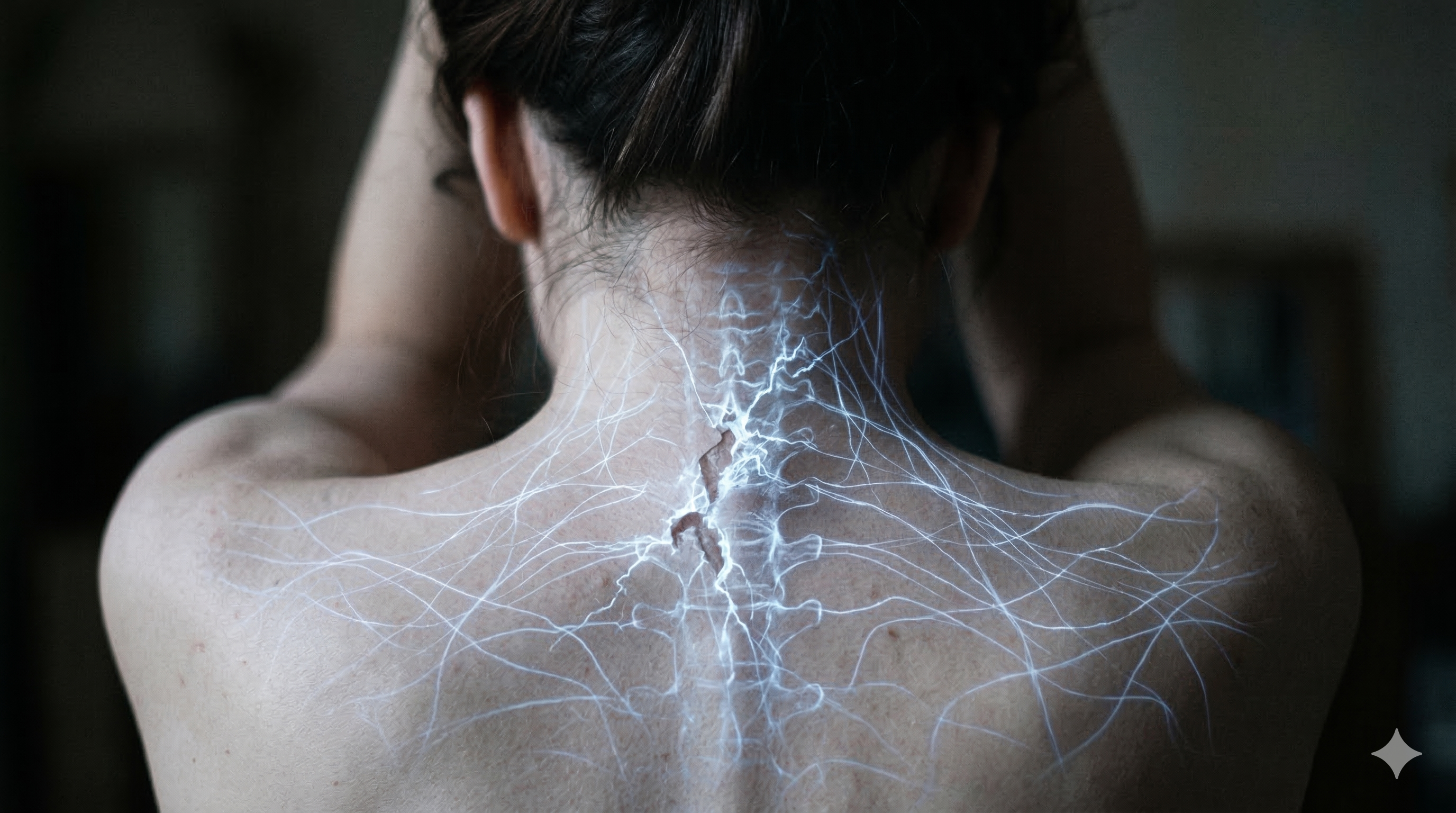 Un portrait conceptuel et artistique en gros plan de la nuque d'une personne (de dos), prise sous une lumière rasante qui fait ressortir le grain de la peau. Sur la peau, superposé par transparence, apparaît un réseau complexe et lumineux (comme de minces éclairs bleutés) de connexions neuronales tissées ensemble. Le long de la colonne vertébrale, ce réseau semble se "briser" ou se fissurer